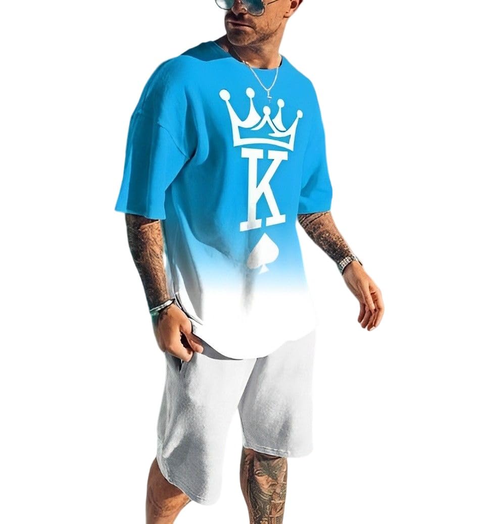 Men's Short Sets 2 Piece Summer Outfits Tracksuits Short Sleeve Shirt and Shorts 3D Poker Shirt