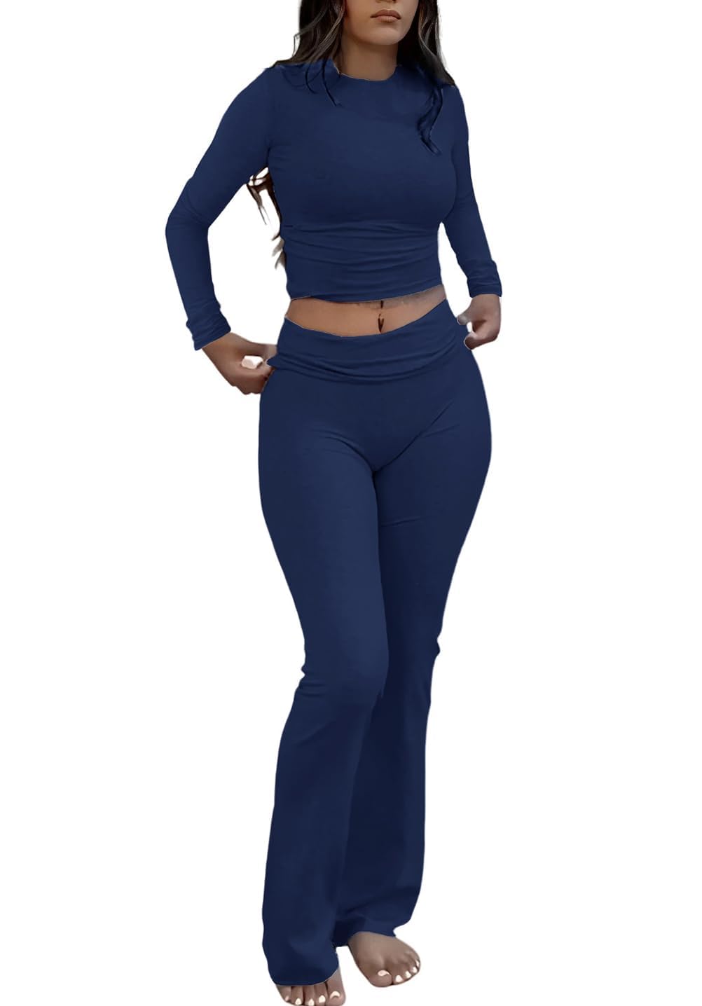 ZFLM Casual Workout Two Piece Outfits Long Sleeve High Waist Fold-over Flare Flared Leggings Pants Tracksuit Sets Streetwear