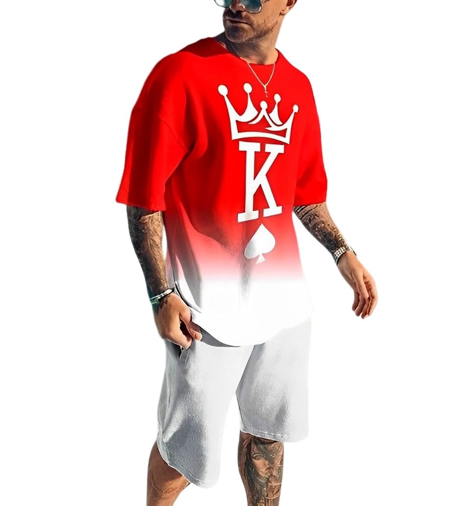 Men's Short Sets 2 Piece Summer Outfits Tracksuits Short Sleeve Shirt and Shorts 3D Poker Shirt
