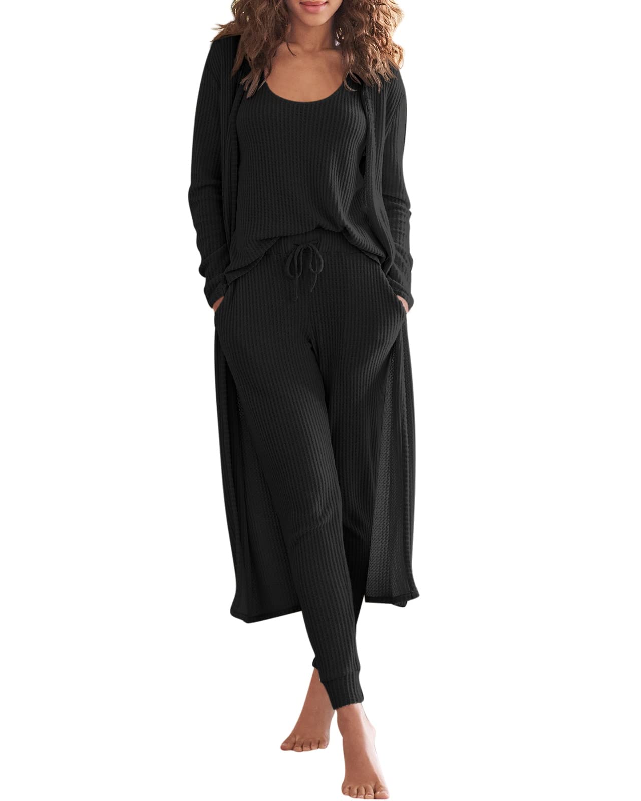 Eurivicy Womens Lounge Set Waffle Knit 3 Piece Pajama Sets Tank Tops Loose Pants with Long Cardigan Loungewear 2024