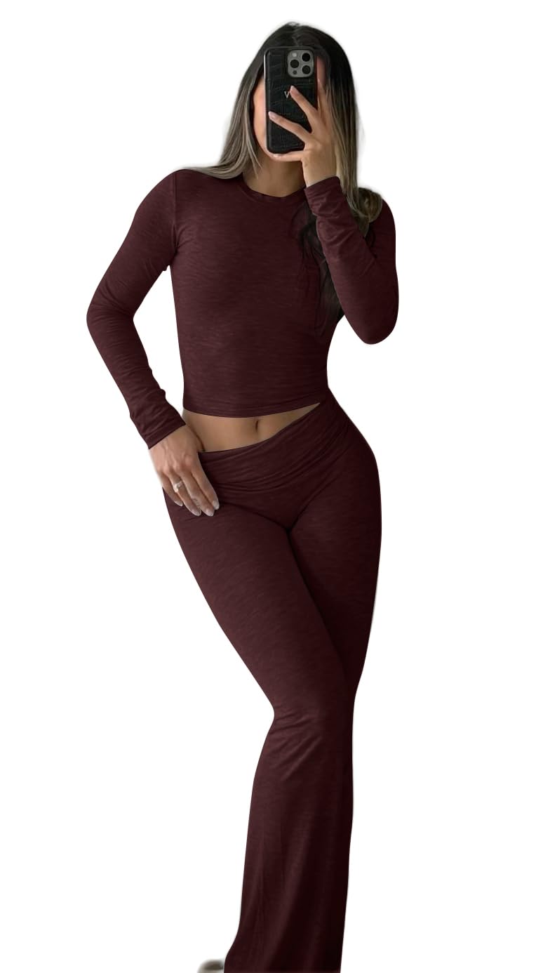 ZFLM Casual Workout Two Piece Outfits Long Sleeve High Waist Fold-over Flare Flared Leggings Pants Tracksuit Sets Streetwear