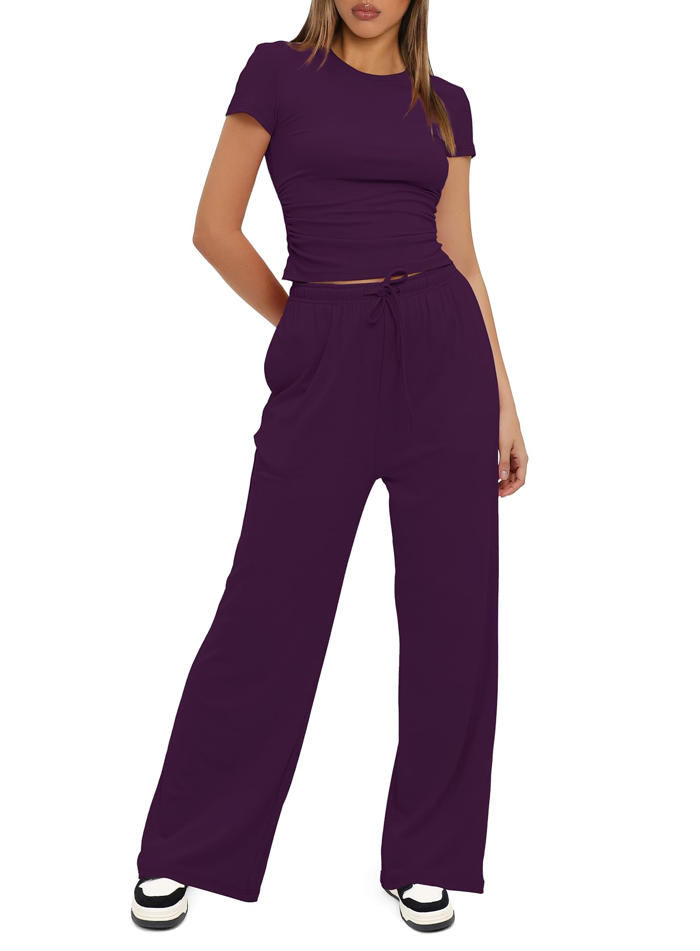 Darong Women's 2 Piece Outfits Lounge Sets Ruched Short Sleeve Tops and High Waisted Wide Leg Pants Tracksuit Sets