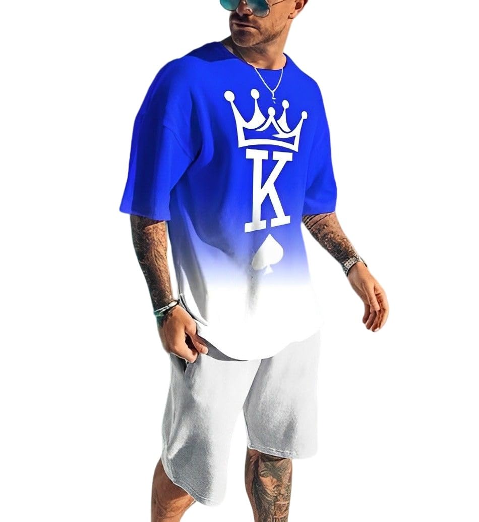 Men's Short Sets 2 Piece Summer Outfits Tracksuits Short Sleeve Shirt and Shorts 3D Poker Shirt