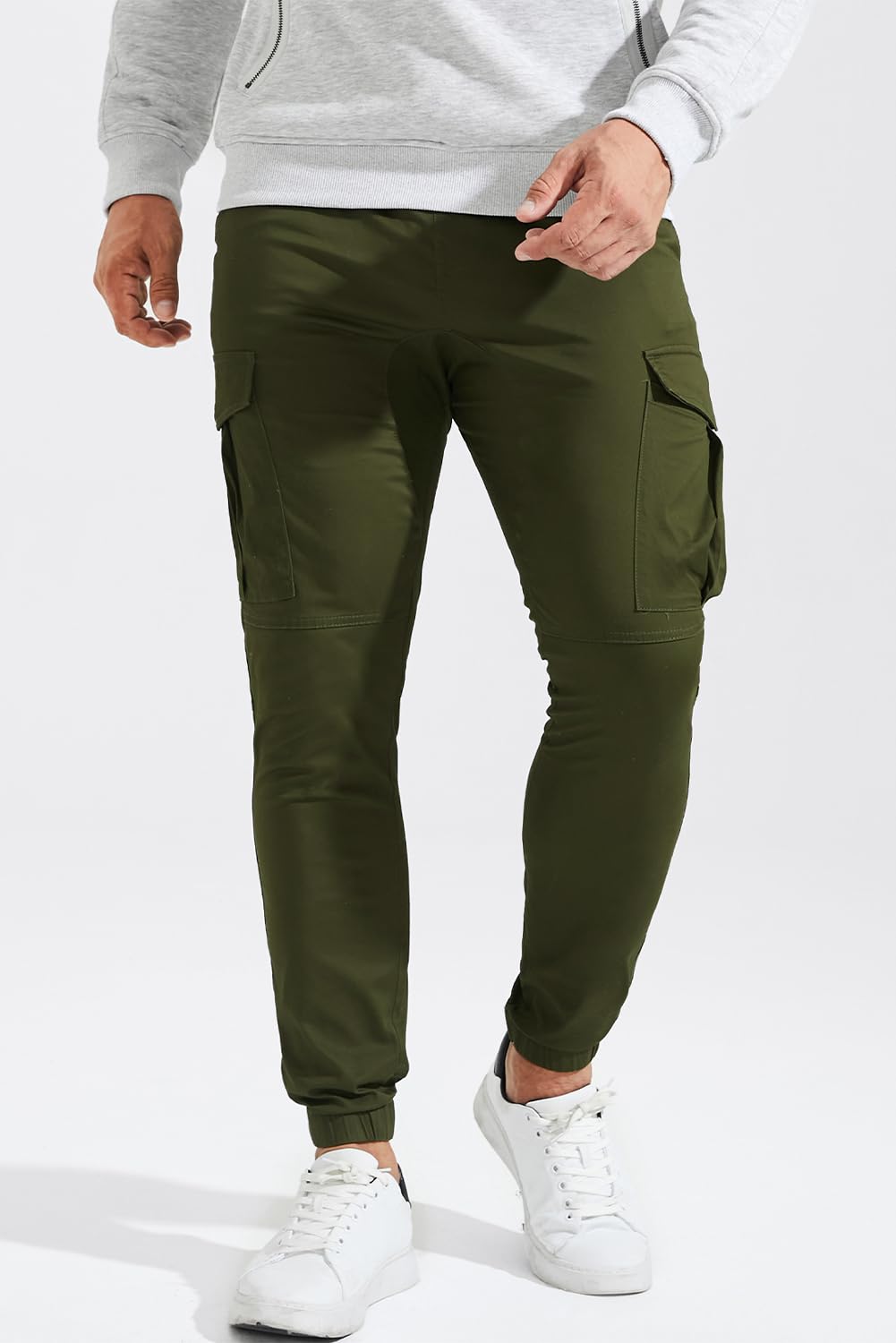 JMIERR Mens Fashion Cargo Pants - Casual Cotton Tapered Stretch Twill Drawstring Athletic Joggers Sweatpants with 6 Pockets