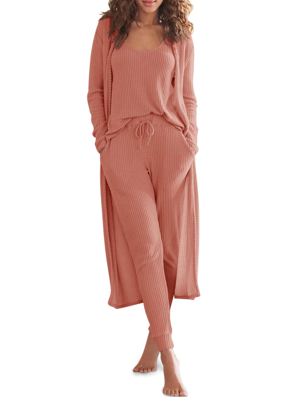 Eurivicy Womens Lounge Set Waffle Knit 3 Piece Pajama Sets Tank Tops Loose Pants with Long Cardigan Loungewear 2024