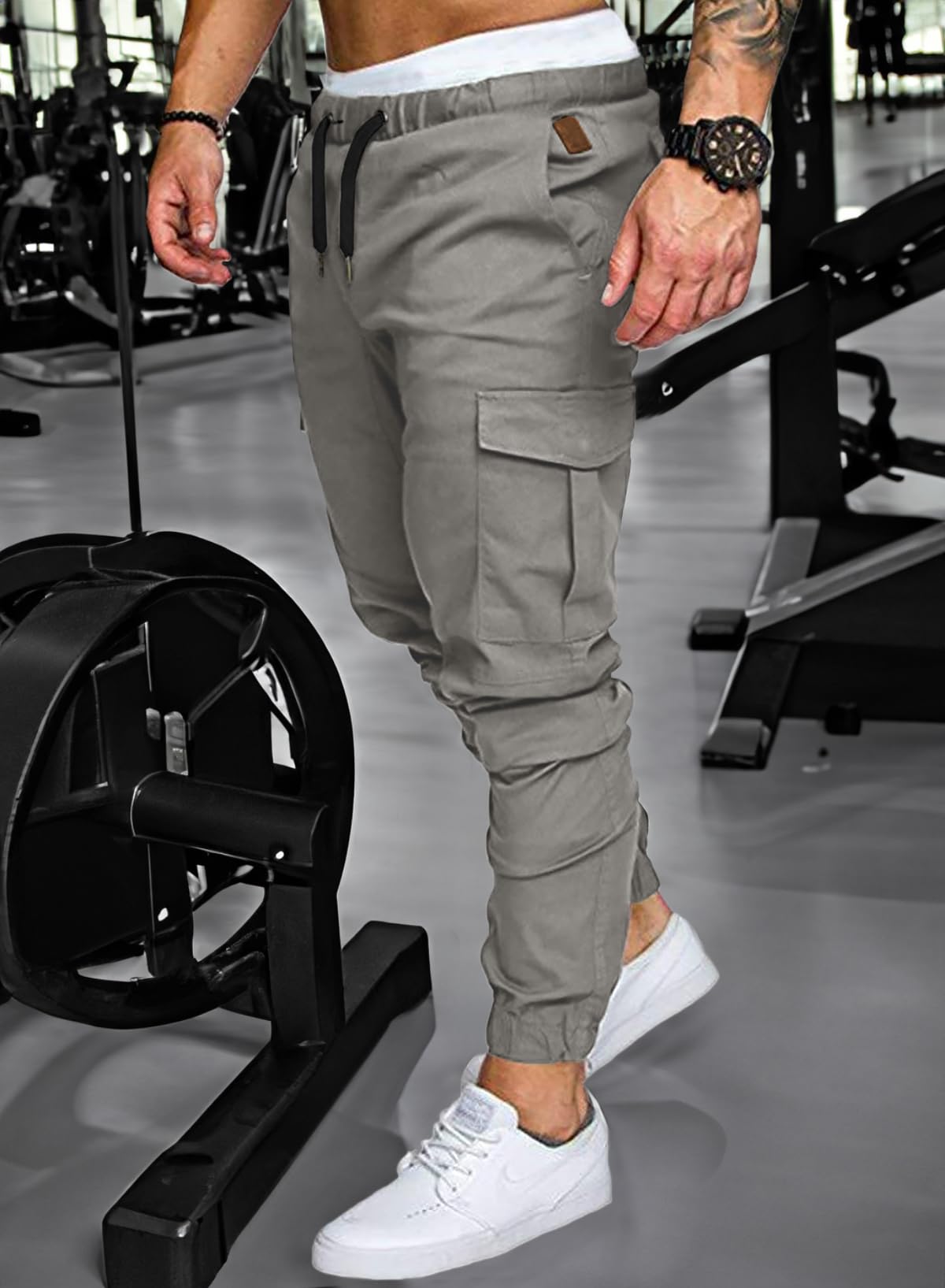 JMIERR Mens Fashion Cargo Pants - Casual Cotton Tapered Stretch Twill Drawstring Athletic Joggers Sweatpants with 6 Pockets