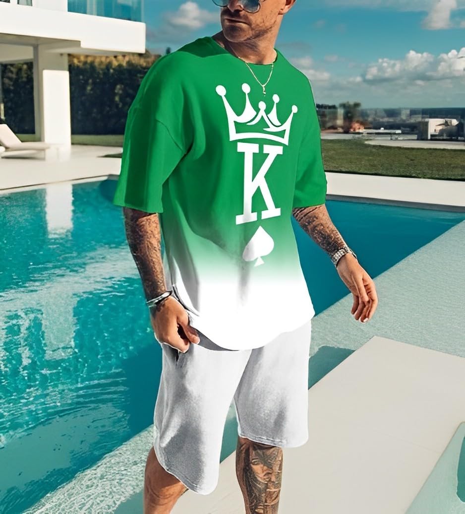 Men's Short Sets 2 Piece Summer Outfits Tracksuits Short Sleeve Shirt and Shorts 3D Poker Shirt