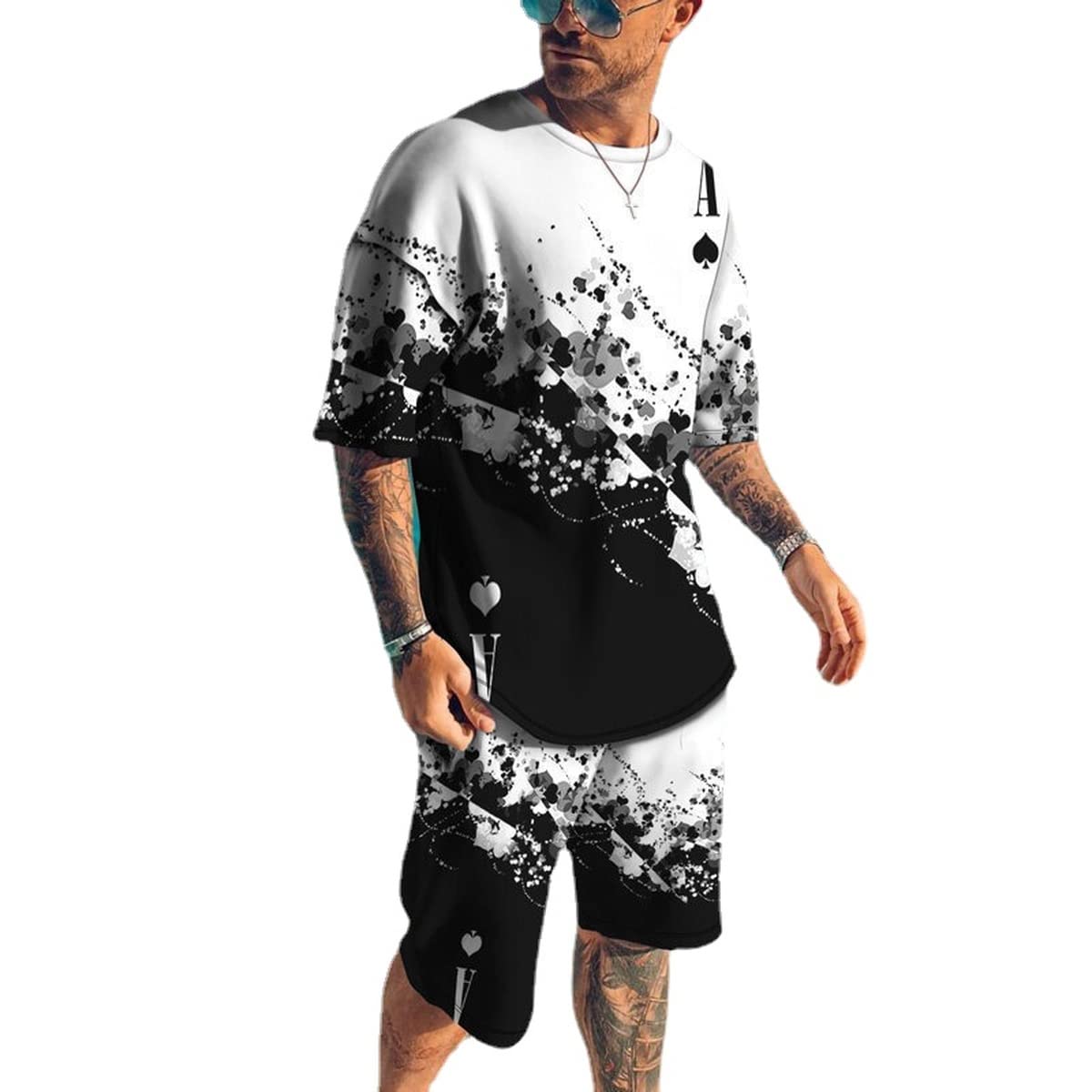 Men's Short Sets 2 Piece Summer Outfits Tracksuits Short Sleeve Shirt and Shorts 3D Poker Shirt