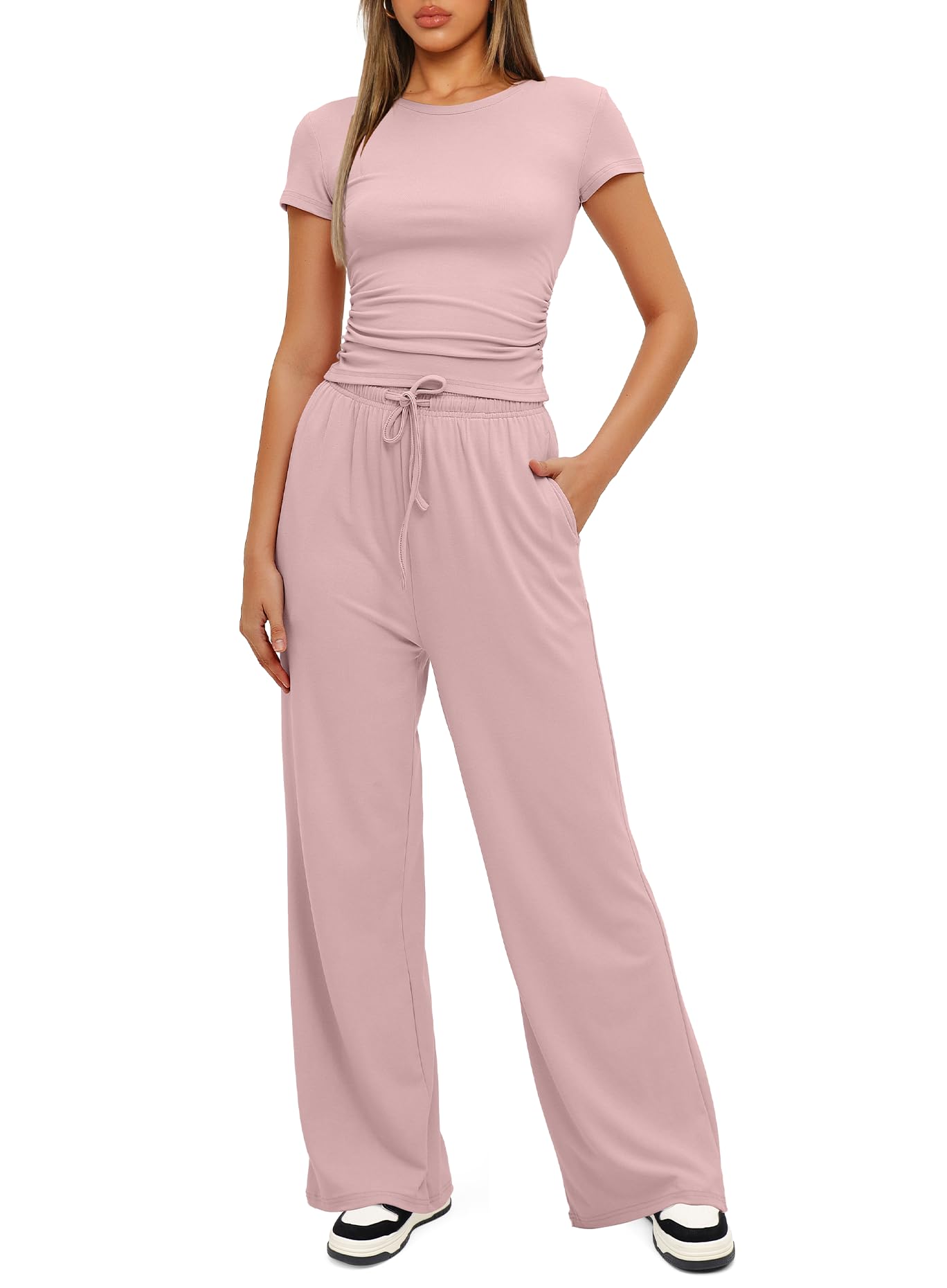 Darong Women's 2 Piece Outfits Lounge Sets Ruched Short Sleeve Tops and High Waisted Wide Leg Pants Tracksuit Sets