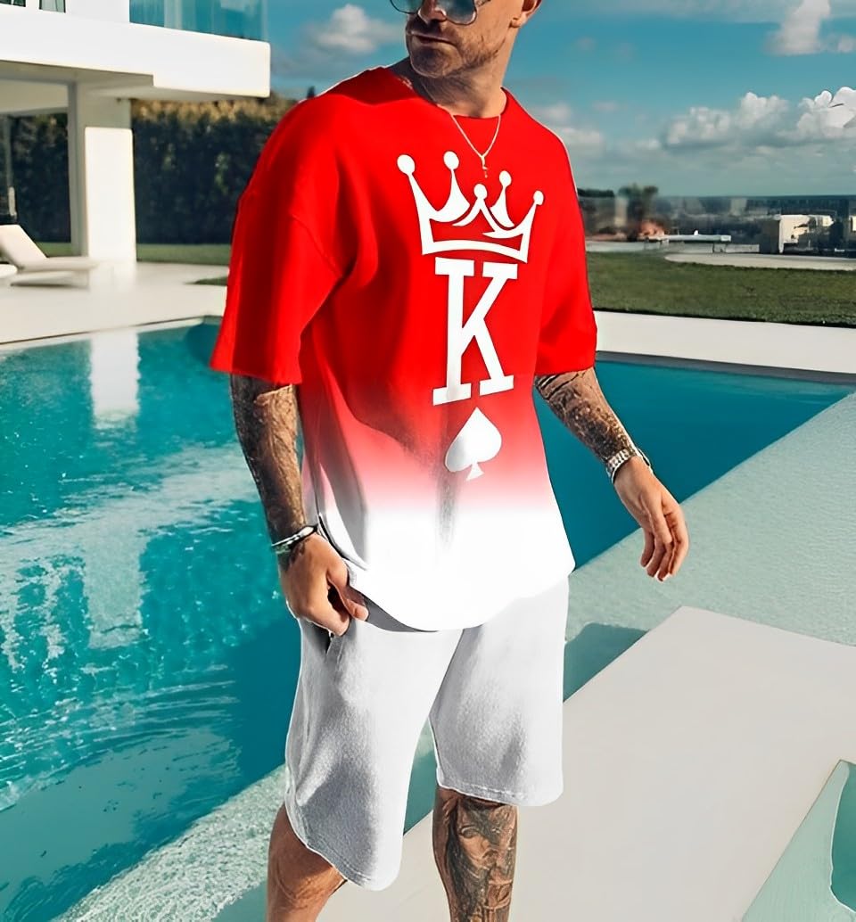 Men's Short Sets 2 Piece Summer Outfits Tracksuits Short Sleeve Shirt and Shorts 3D Poker Shirt