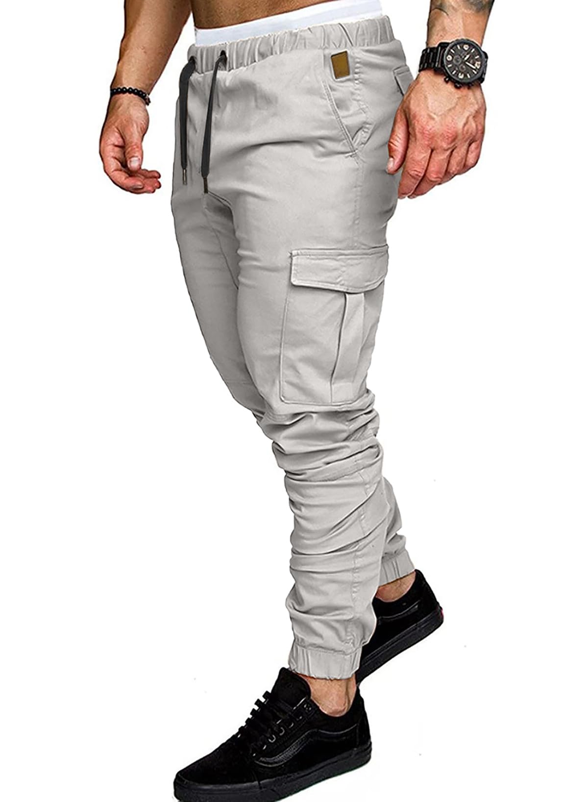 JMIERR Mens Fashion Cargo Pants - Casual Cotton Tapered Stretch Twill Drawstring Athletic Joggers Sweatpants with 6 Pockets