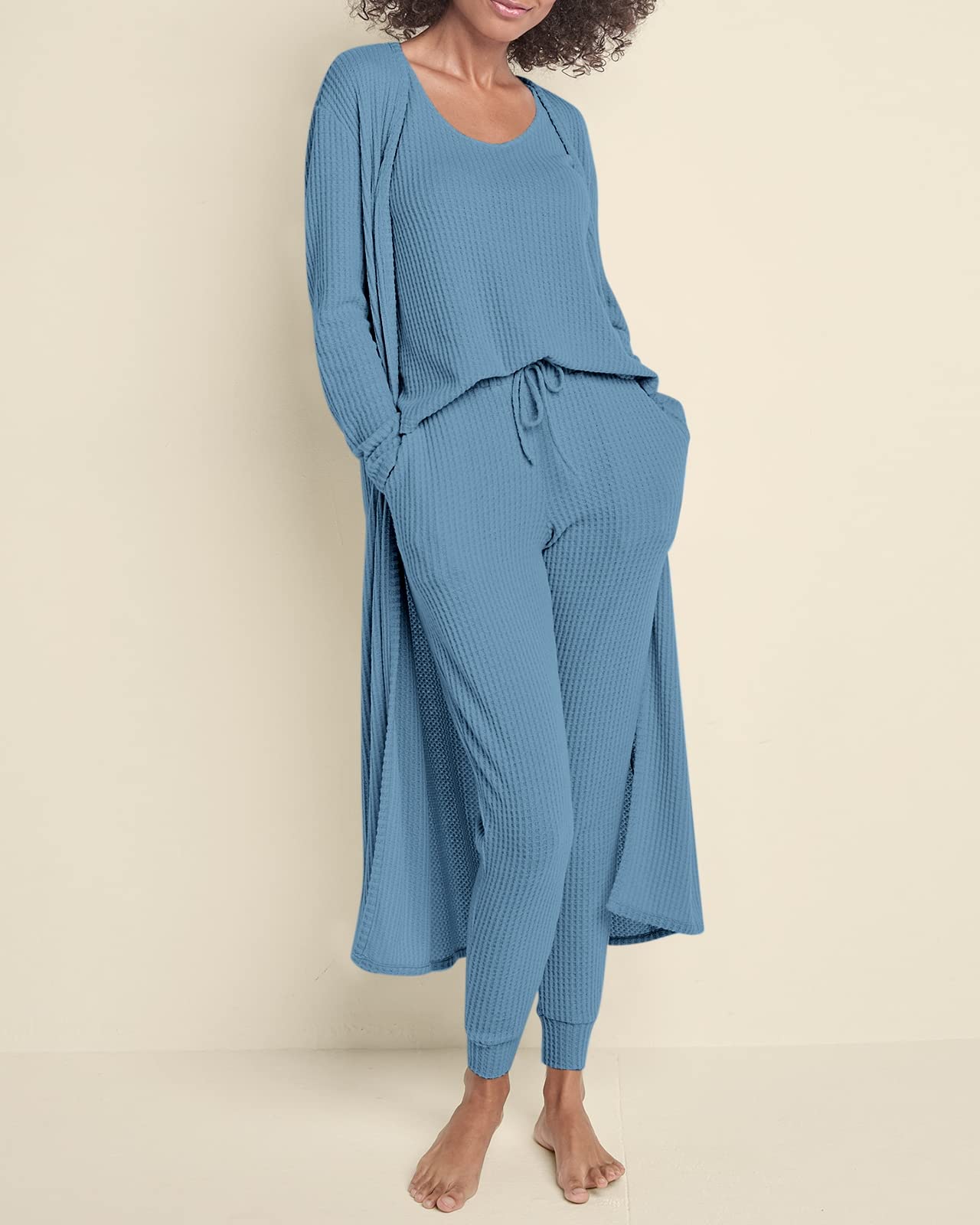 Eurivicy Womens Lounge Set Waffle Knit 3 Piece Pajama Sets Tank Tops Loose Pants with Long Cardigan Loungewear 2024