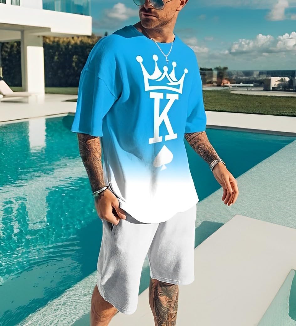 Men's Short Sets 2 Piece Summer Outfits Tracksuits Short Sleeve Shirt and Shorts 3D Poker Shirt