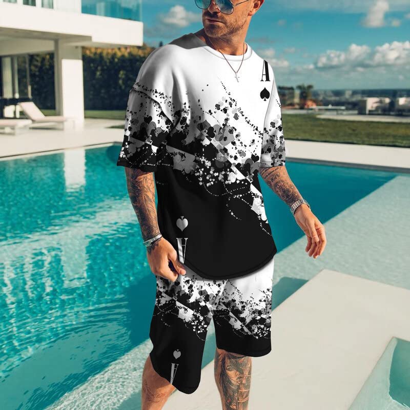 Men's Short Sets 2 Piece Summer Outfits Tracksuits Short Sleeve Shirt and Shorts 3D Poker Shirt