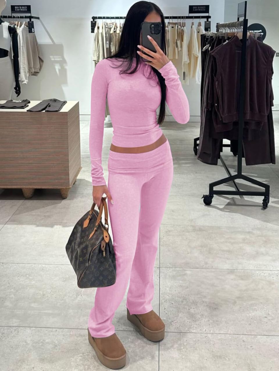 ZFLM Casual Workout Two Piece Outfits Long Sleeve High Waist Fold-over Flare Flared Leggings Pants Tracksuit Sets Streetwear