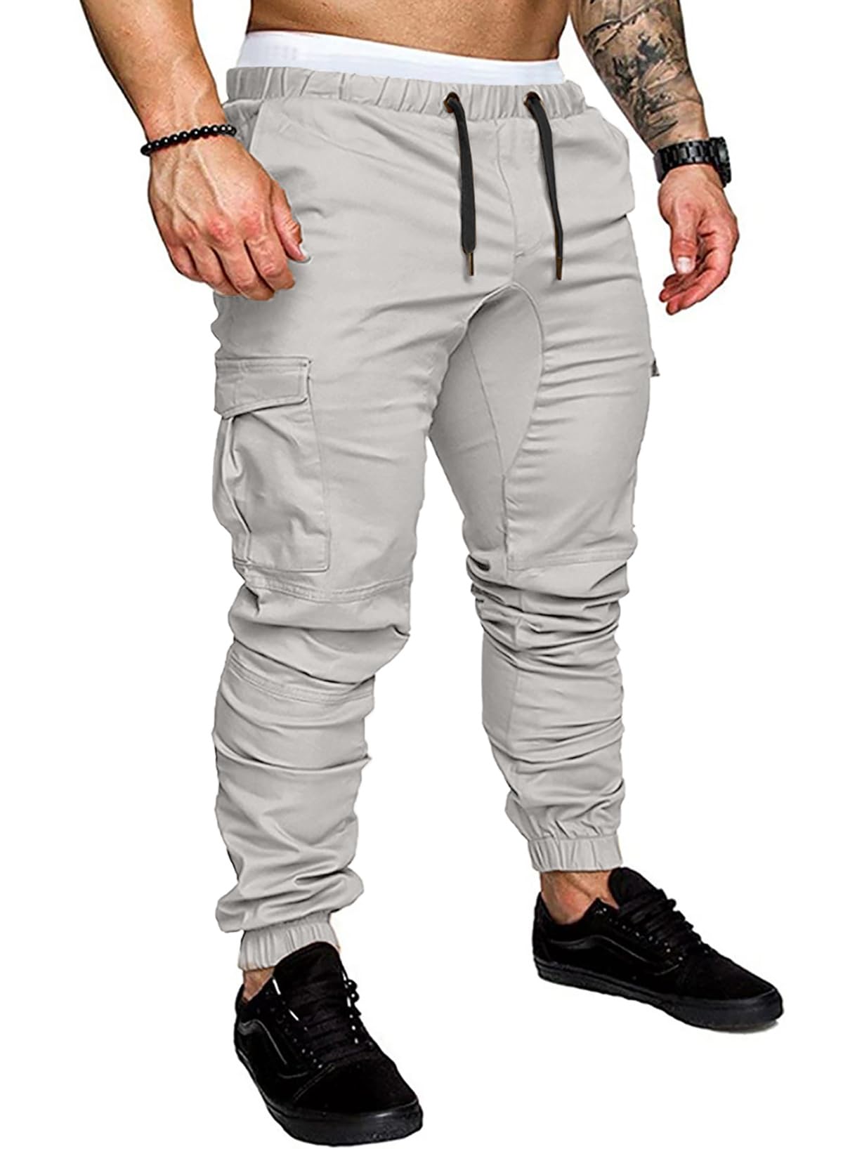 JMIERR Mens Fashion Cargo Pants - Casual Cotton Tapered Stretch Twill Drawstring Athletic Joggers Sweatpants with 6 Pockets