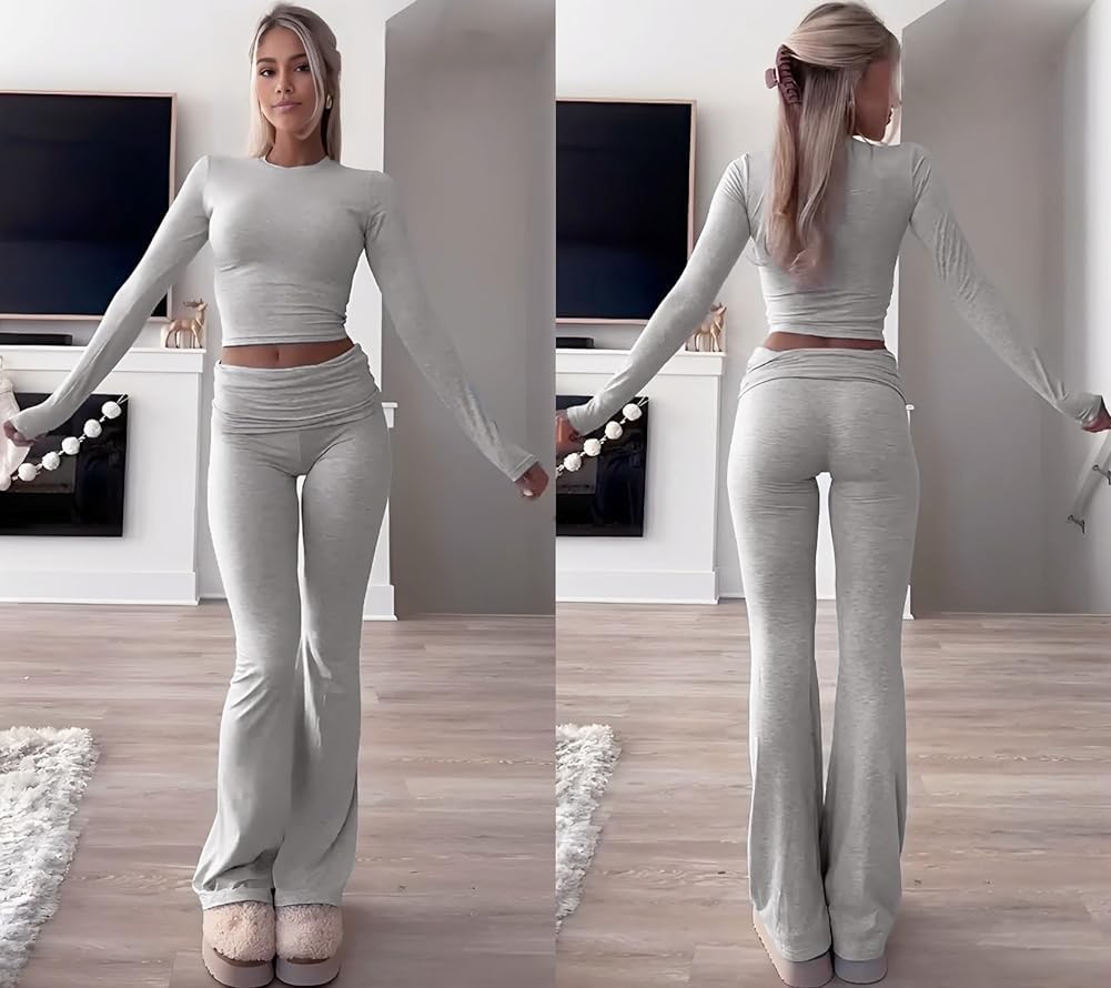 ZFLM Casual Workout Two Piece Outfits Long Sleeve High Waist Fold-over Flare Flared Leggings Pants Tracksuit Sets Streetwear