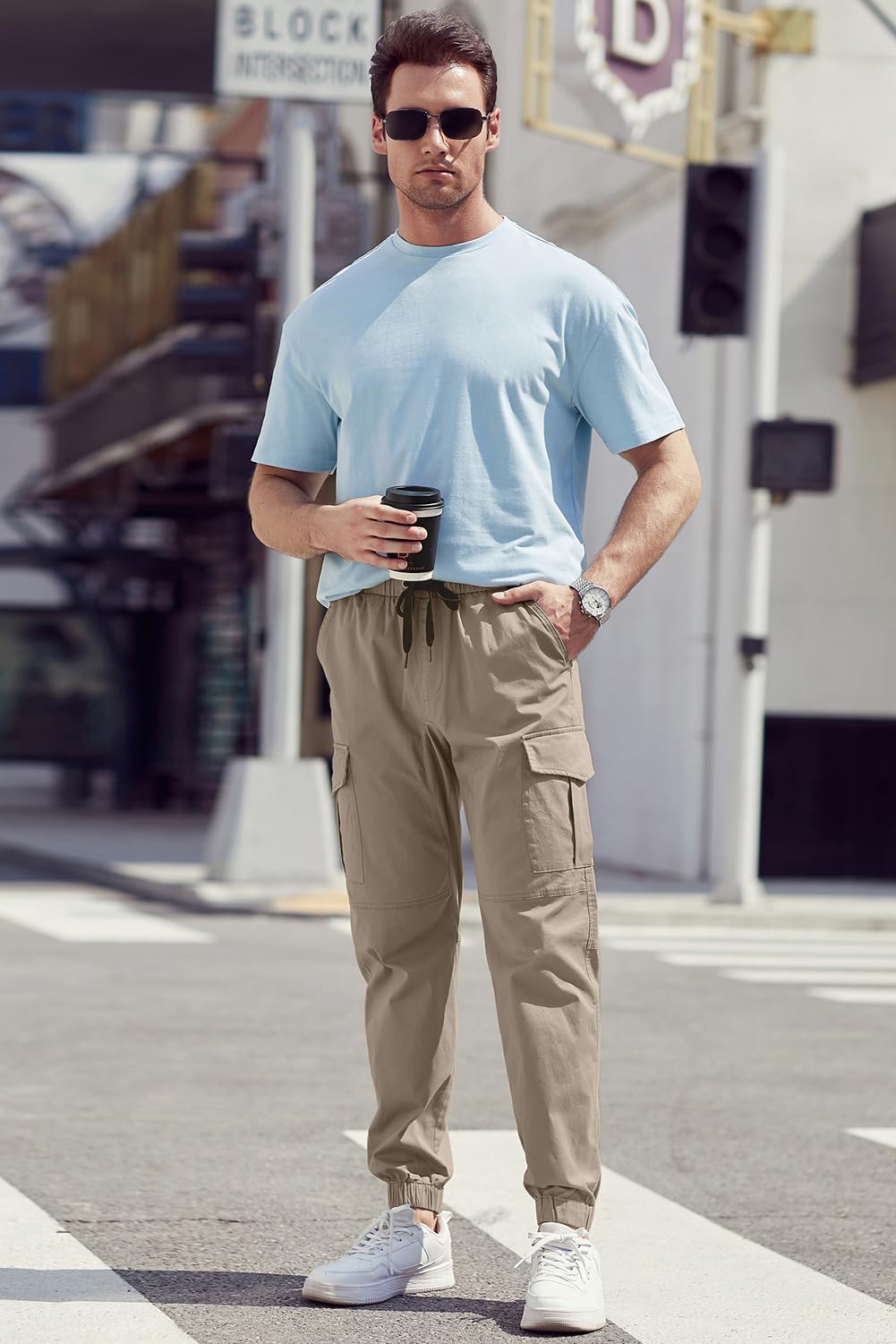 JMIERR Mens Fashion Cargo Pants - Casual Cotton Tapered Stretch Twill Drawstring Athletic Joggers Sweatpants with 6 Pockets