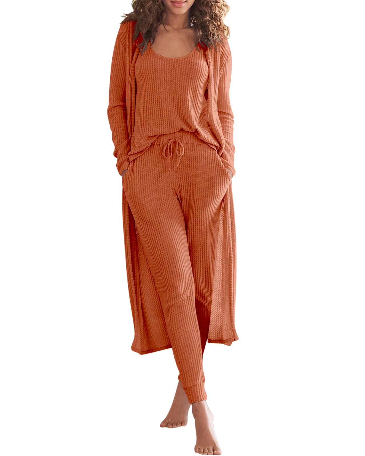 Eurivicy Womens Lounge Set Waffle Knit 3 Piece Pajama Sets Tank Tops Loose Pants with Long Cardigan Loungewear 2024