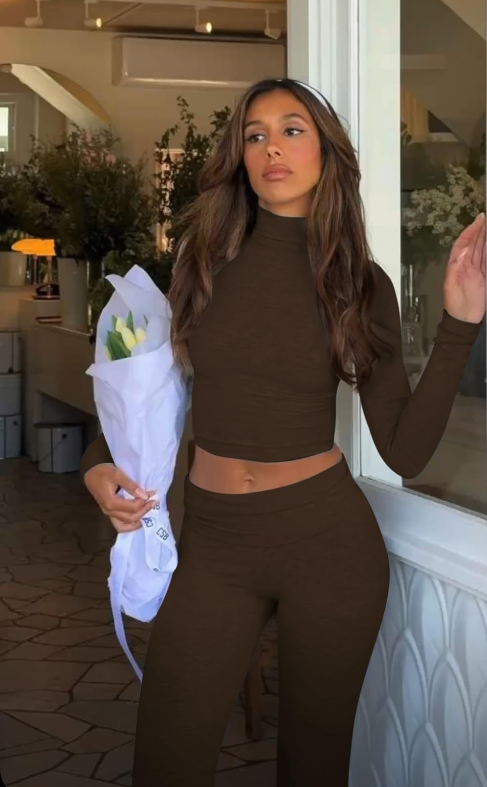 ZFLM Casual Workout Two Piece Outfits Long Sleeve High Waist Fold-over Flare Flared Leggings Pants Tracksuit Sets Streetwear