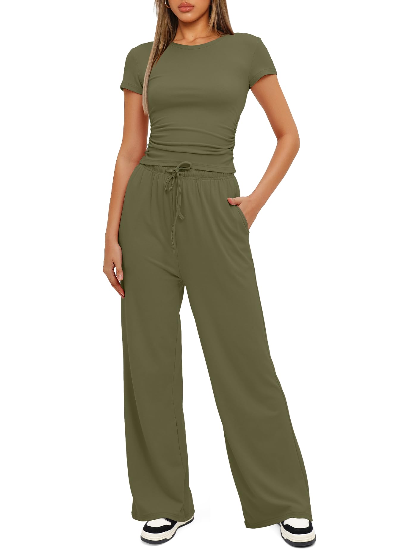 Darong Women's 2 Piece Outfits Lounge Sets Ruched Short Sleeve Tops and High Waisted Wide Leg Pants Tracksuit Sets