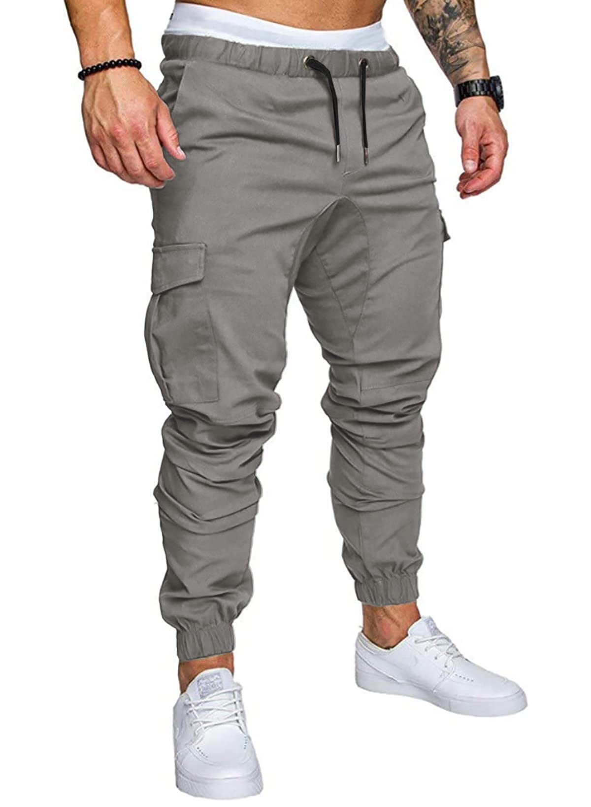 JMIERR Mens Fashion Cargo Pants - Casual Cotton Tapered Stretch Twill Drawstring Athletic Joggers Sweatpants with 6 Pockets