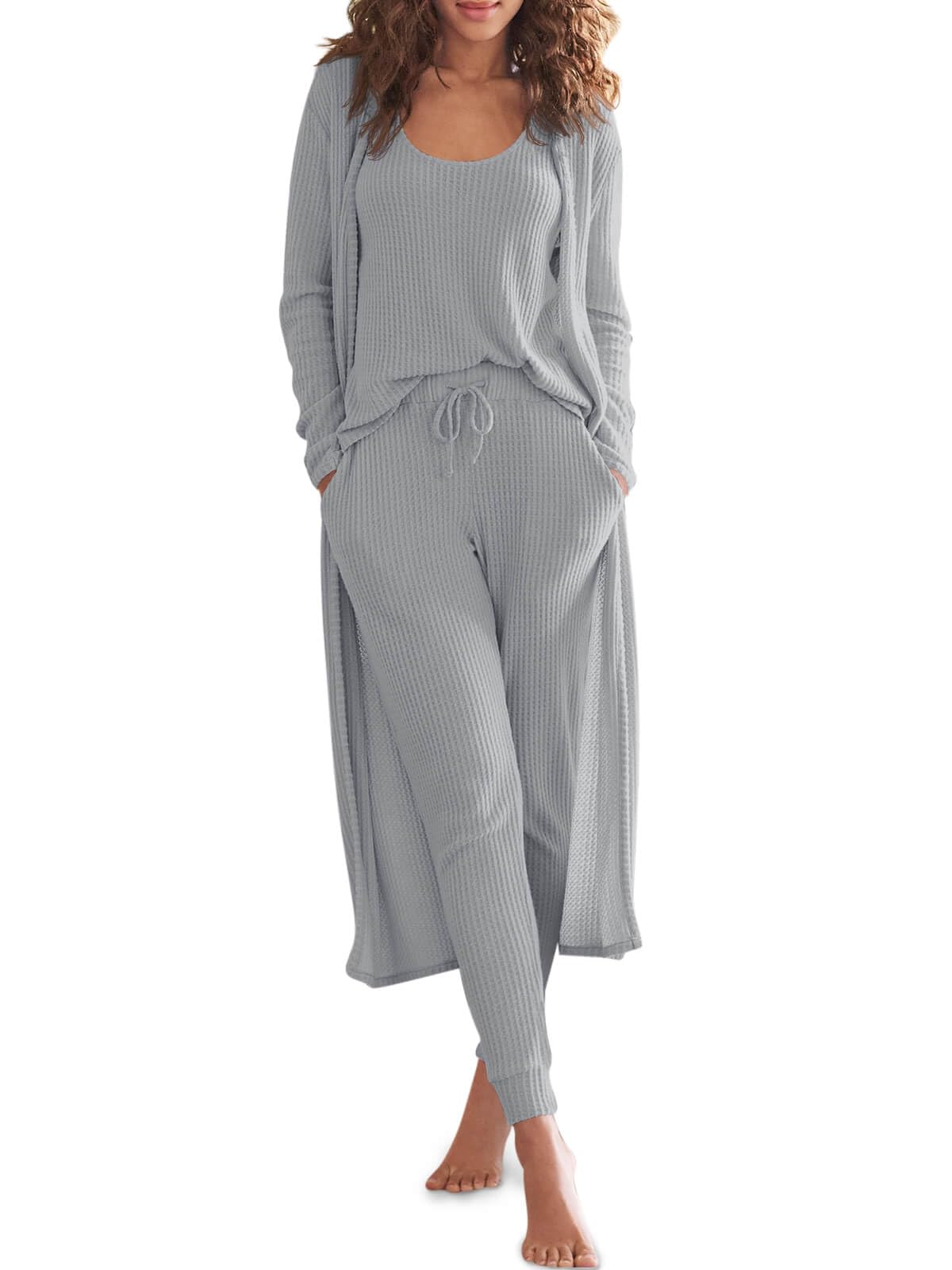 Eurivicy Womens Lounge Set Waffle Knit 3 Piece Pajama Sets Tank Tops Loose Pants with Long Cardigan Loungewear 2024
