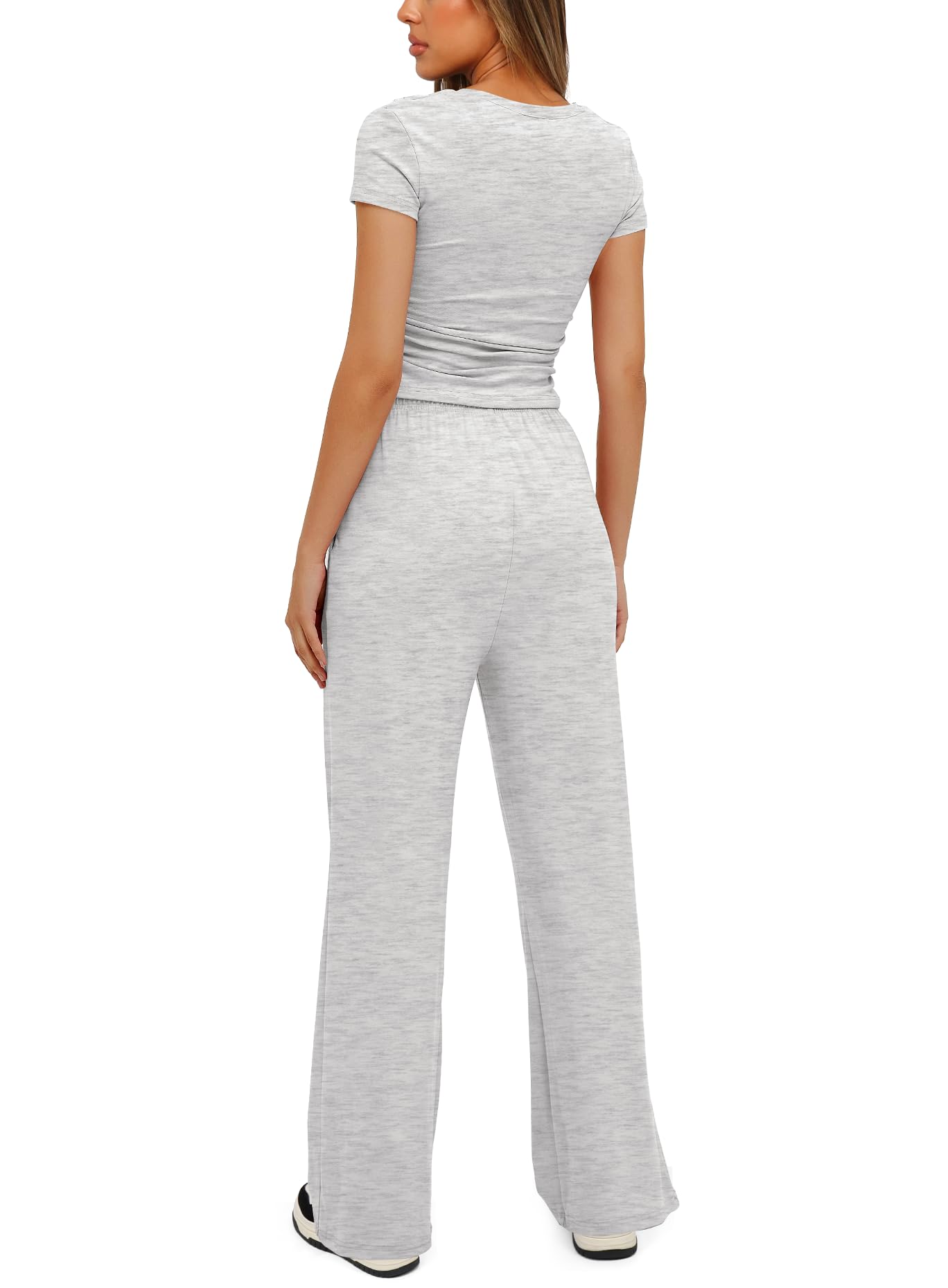 Darong Women's 2 Piece Outfits Lounge Sets Ruched Short Sleeve Tops and High Waisted Wide Leg Pants Tracksuit Sets