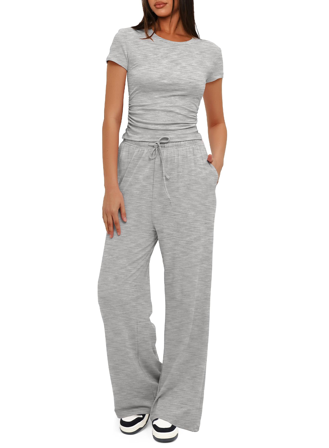 Darong Women's 2 Piece Outfits Lounge Sets Ruched Short Sleeve Tops and High Waisted Wide Leg Pants Tracksuit Sets