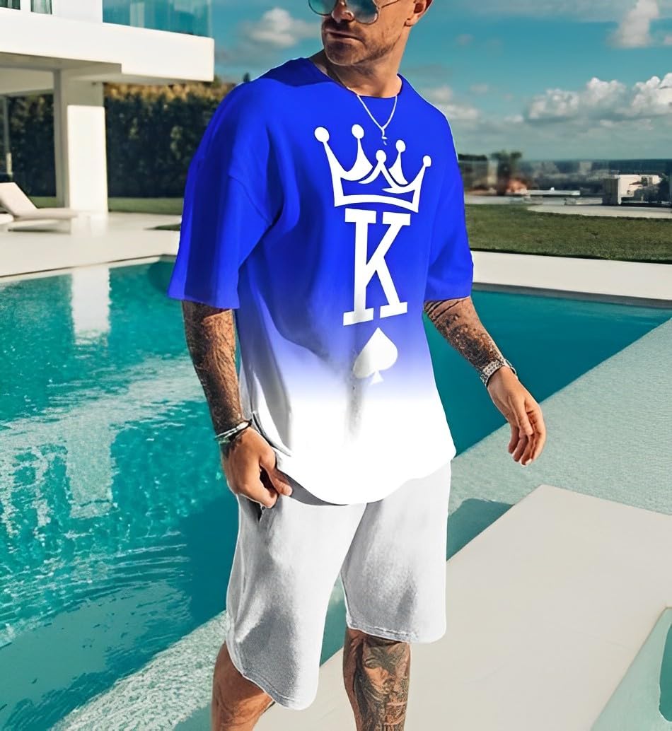 Men's Short Sets 2 Piece Summer Outfits Tracksuits Short Sleeve Shirt and Shorts 3D Poker Shirt
