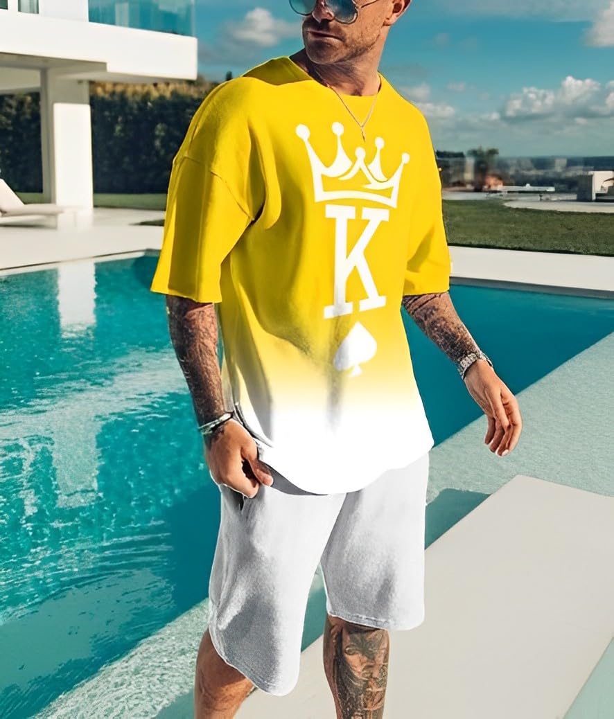 Men's Short Sets 2 Piece Summer Outfits Tracksuits Short Sleeve Shirt and Shorts 3D Poker Shirt