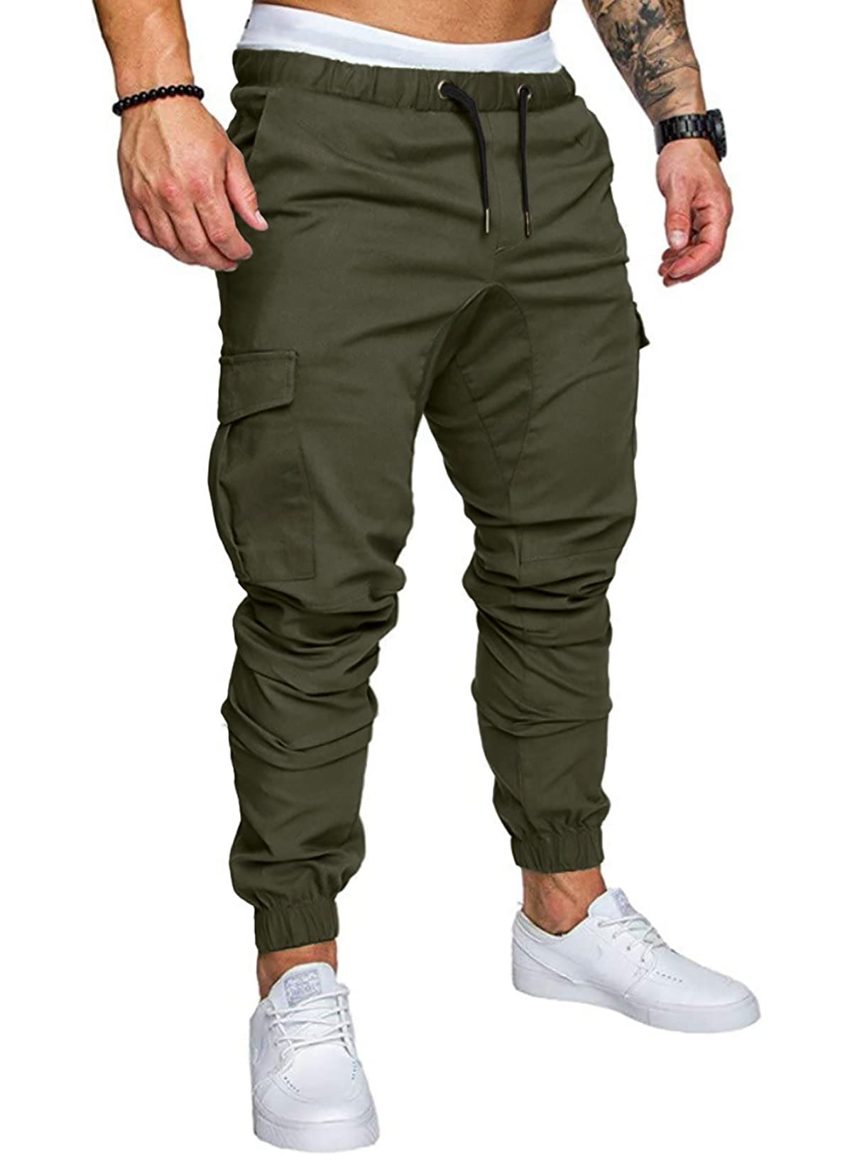 JMIERR Mens Fashion Cargo Pants - Casual Cotton Tapered Stretch Twill Drawstring Athletic Joggers Sweatpants with 6 Pockets