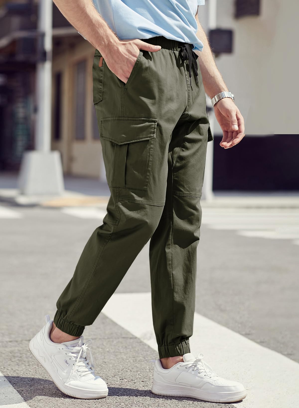 JMIERR Mens Fashion Cargo Pants - Casual Cotton Tapered Stretch Twill Drawstring Athletic Joggers Sweatpants with 6 Pockets