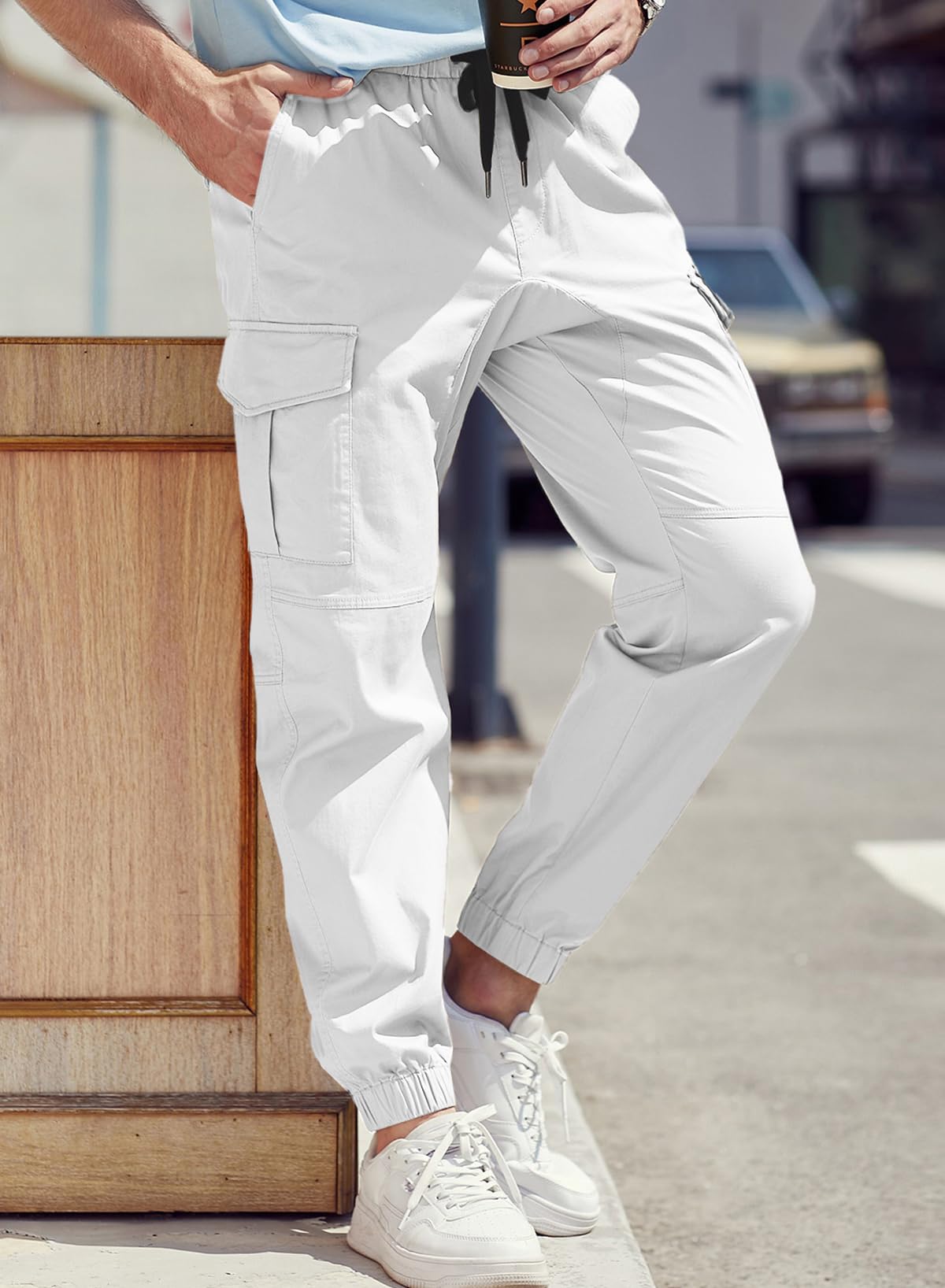JMIERR Mens Fashion Cargo Pants - Casual Cotton Tapered Stretch Twill Drawstring Athletic Joggers Sweatpants with 6 Pockets