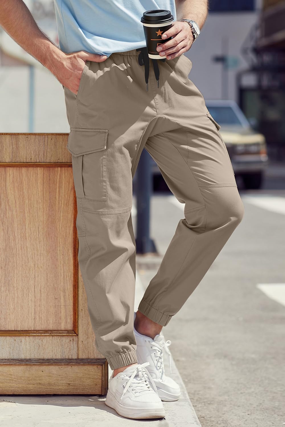 JMIERR Mens Fashion Cargo Pants - Casual Cotton Tapered Stretch Twill Drawstring Athletic Joggers Sweatpants with 6 Pockets