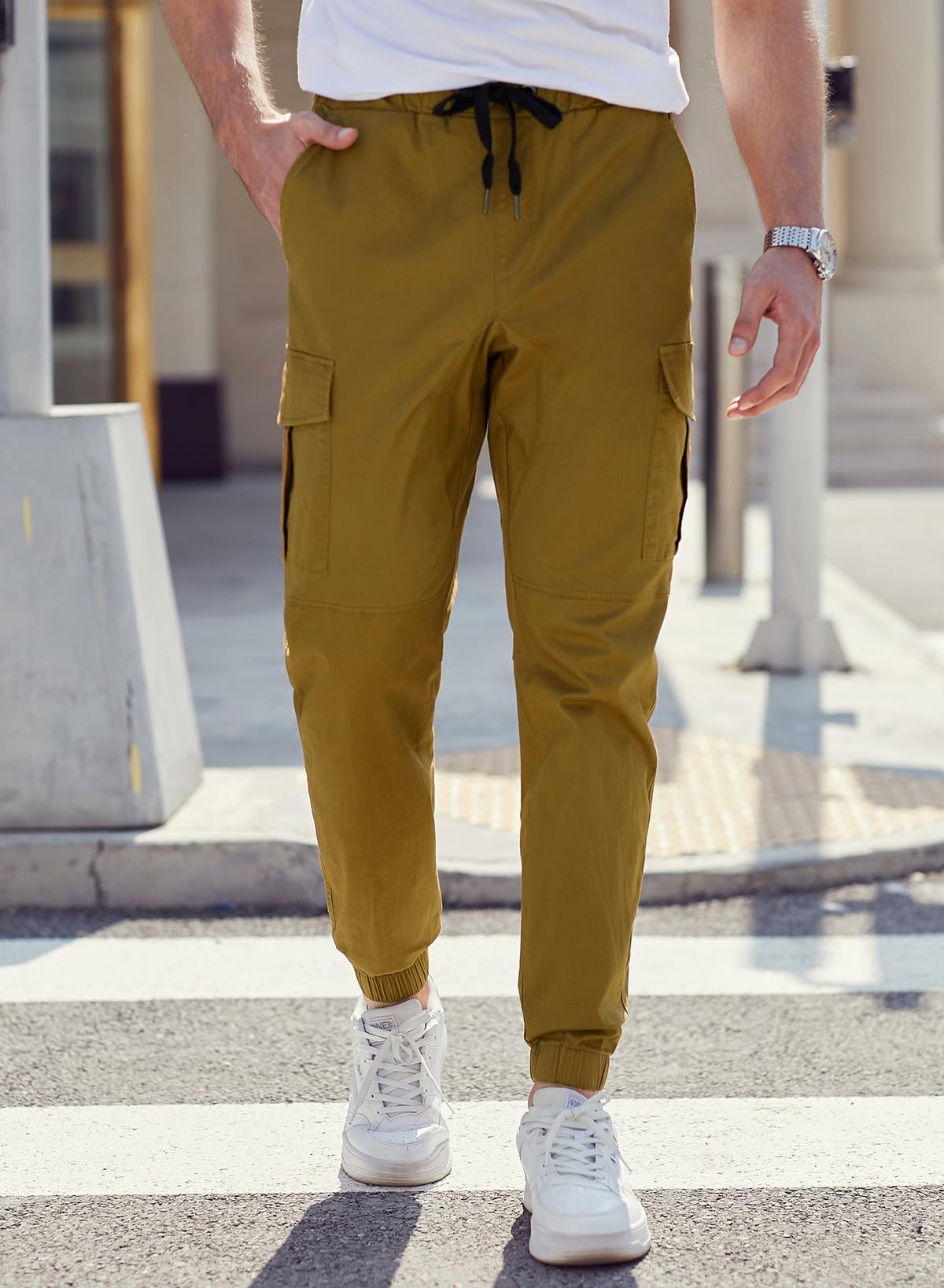 JMIERR Mens Fashion Cargo Pants - Casual Cotton Tapered Stretch Twill Drawstring Athletic Joggers Sweatpants with 6 Pockets