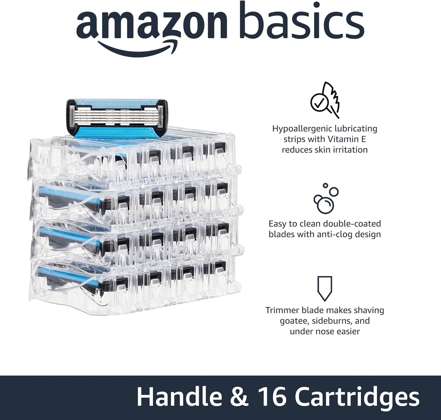 Amazon Basics 5-Blade MotionSphere Men's Razor with Dual Lubrication and Precision Trimmer, 17 Piece Set, 1 Handle & 16 Cartridges, Black