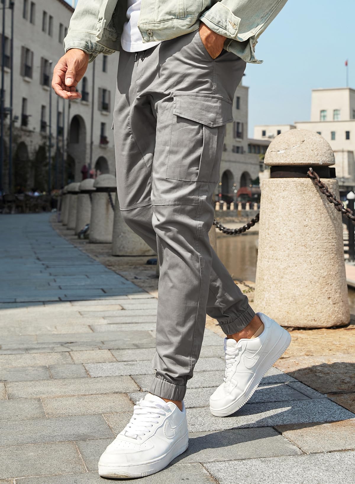 JMIERR Mens Fashion Cargo Pants - Casual Cotton Tapered Stretch Twill Drawstring Athletic Joggers Sweatpants with 6 Pockets
