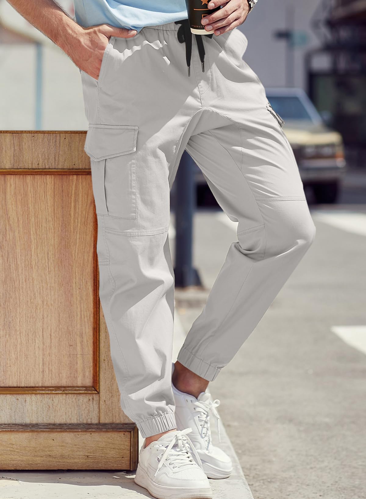 JMIERR Mens Fashion Cargo Pants - Casual Cotton Tapered Stretch Twill Drawstring Athletic Joggers Sweatpants with 6 Pockets