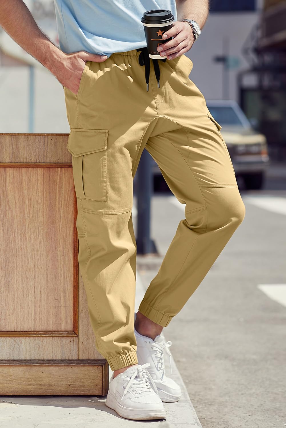 JMIERR Mens Fashion Cargo Pants - Casual Cotton Tapered Stretch Twill Drawstring Athletic Joggers Sweatpants with 6 Pockets