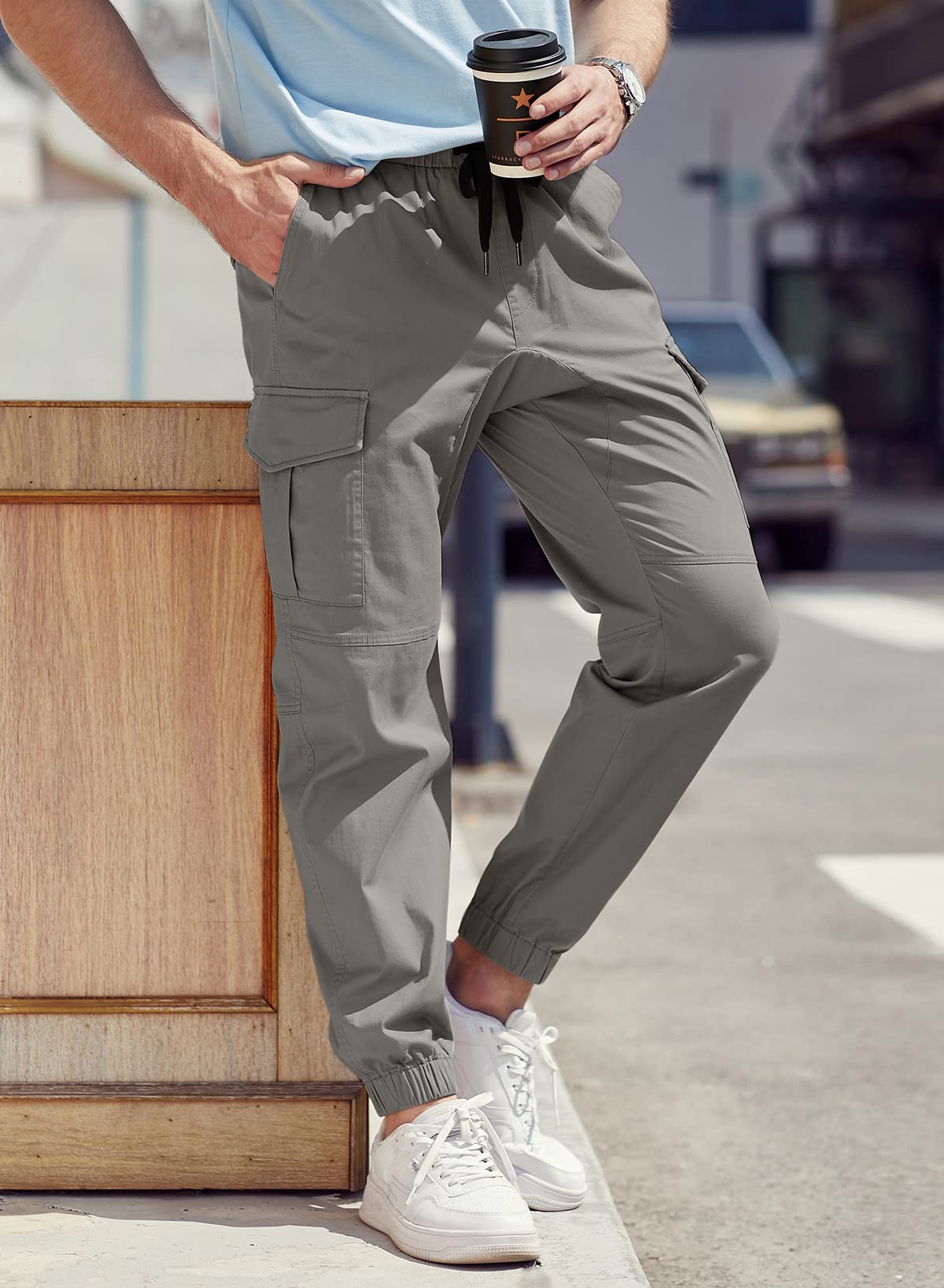 JMIERR Mens Fashion Cargo Pants - Casual Cotton Tapered Stretch Twill Drawstring Athletic Joggers Sweatpants with 6 Pockets