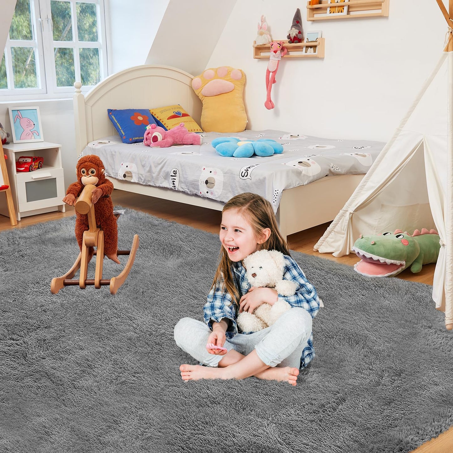 Ultra Soft Rug for Living Room, 5X8 Fluffy Shag Area Rug for Bedroom, Modern Shaggy Carpets Fuzzy Rug for Teens Dorm Nursery Home Decor Aesthetic, Upgrade Anti-Skid Durable, Grey