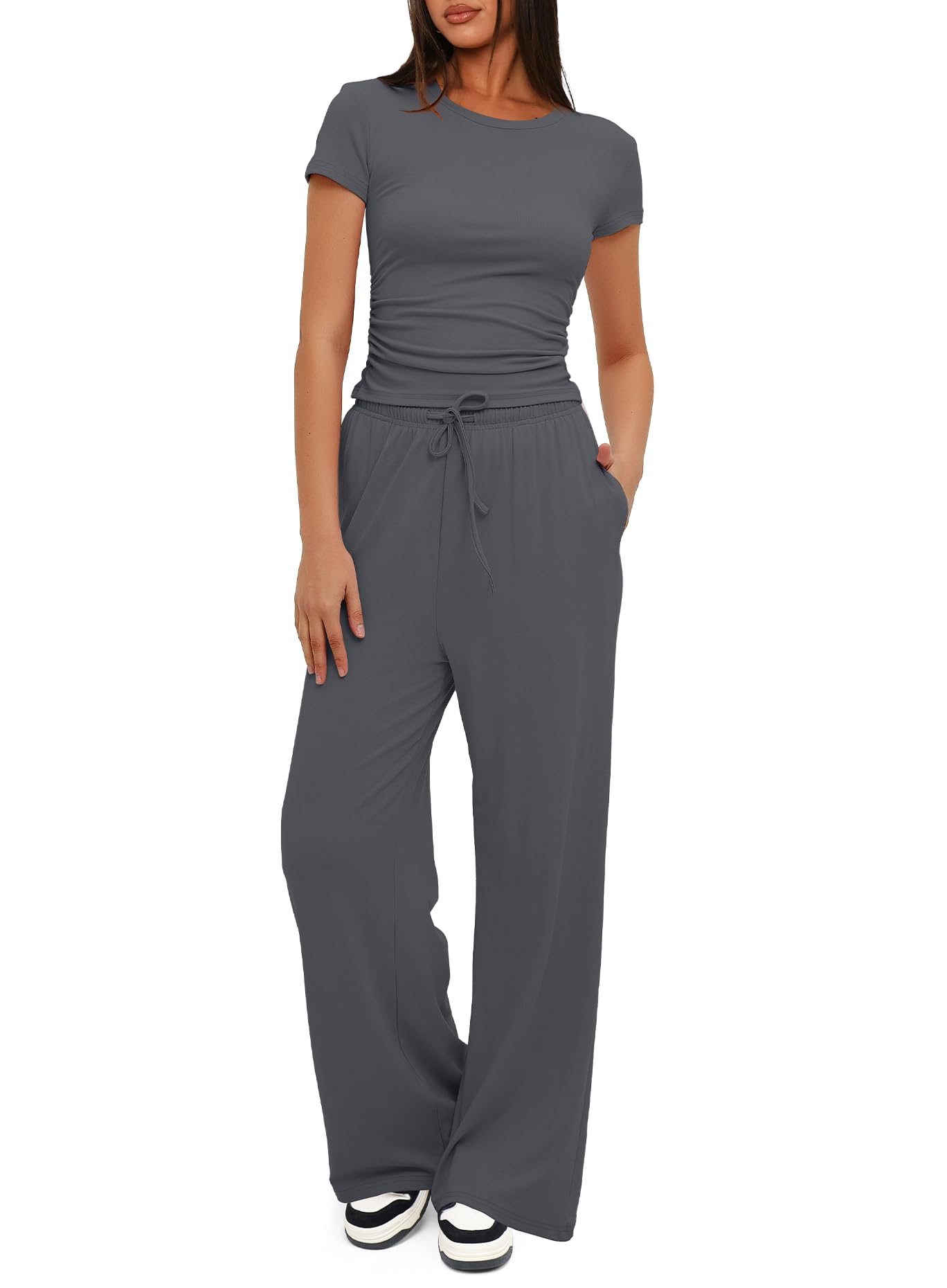 Darong Women's 2 Piece Outfits Lounge Sets Ruched Short Sleeve Tops and High Waisted Wide Leg Pants Tracksuit Sets