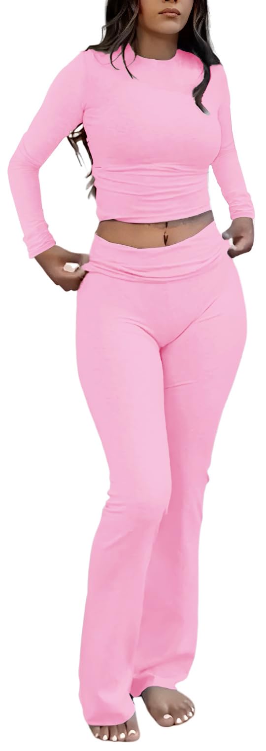 ZFLM Casual Workout Two Piece Outfits Long Sleeve High Waist Fold-over Flare Flared Leggings Pants Tracksuit Sets Streetwear
