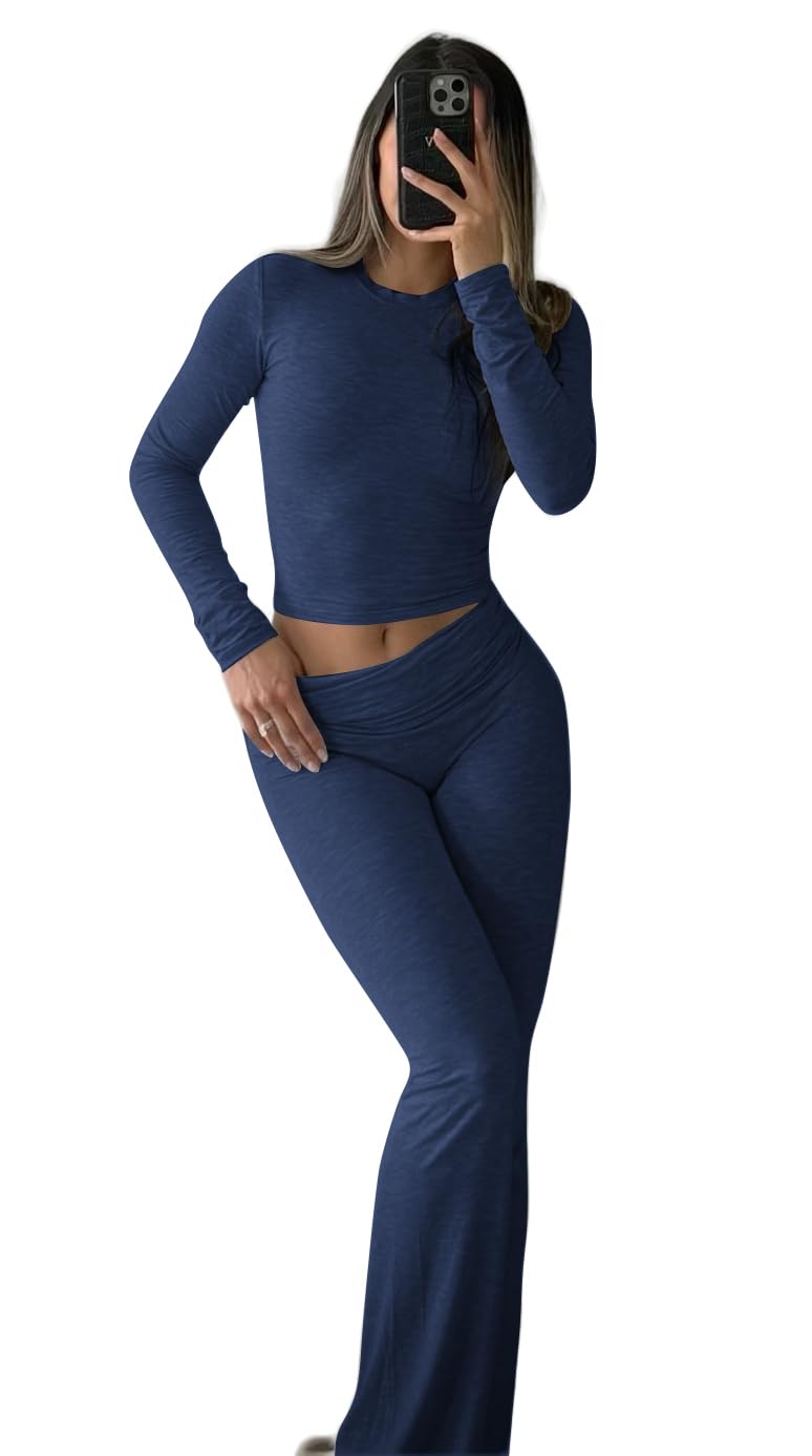 ZFLM Casual Workout Two Piece Outfits Long Sleeve High Waist Fold-over Flare Flared Leggings Pants Tracksuit Sets Streetwear