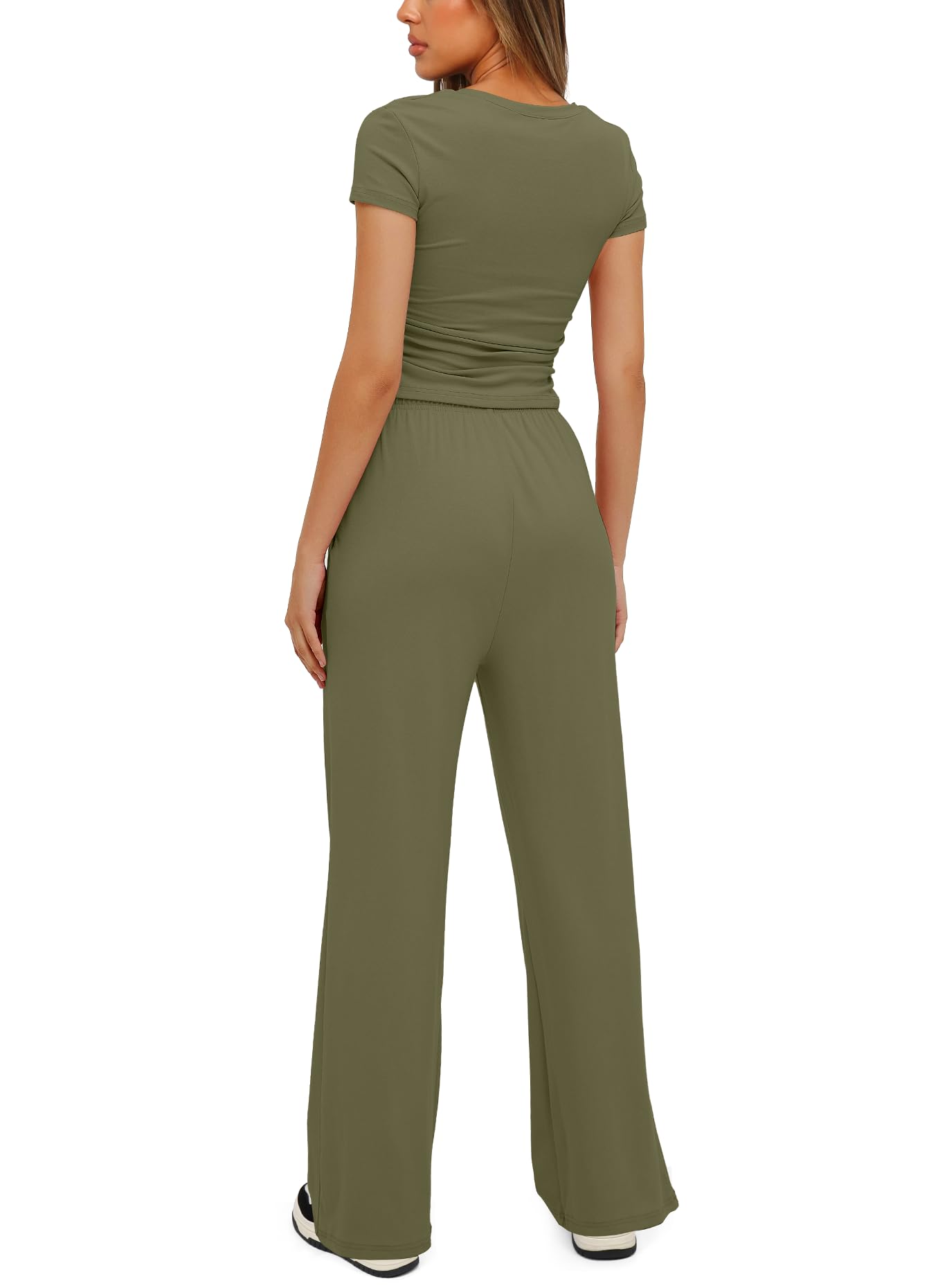 Darong Women's 2 Piece Outfits Lounge Sets Ruched Short Sleeve Tops and High Waisted Wide Leg Pants Tracksuit Sets