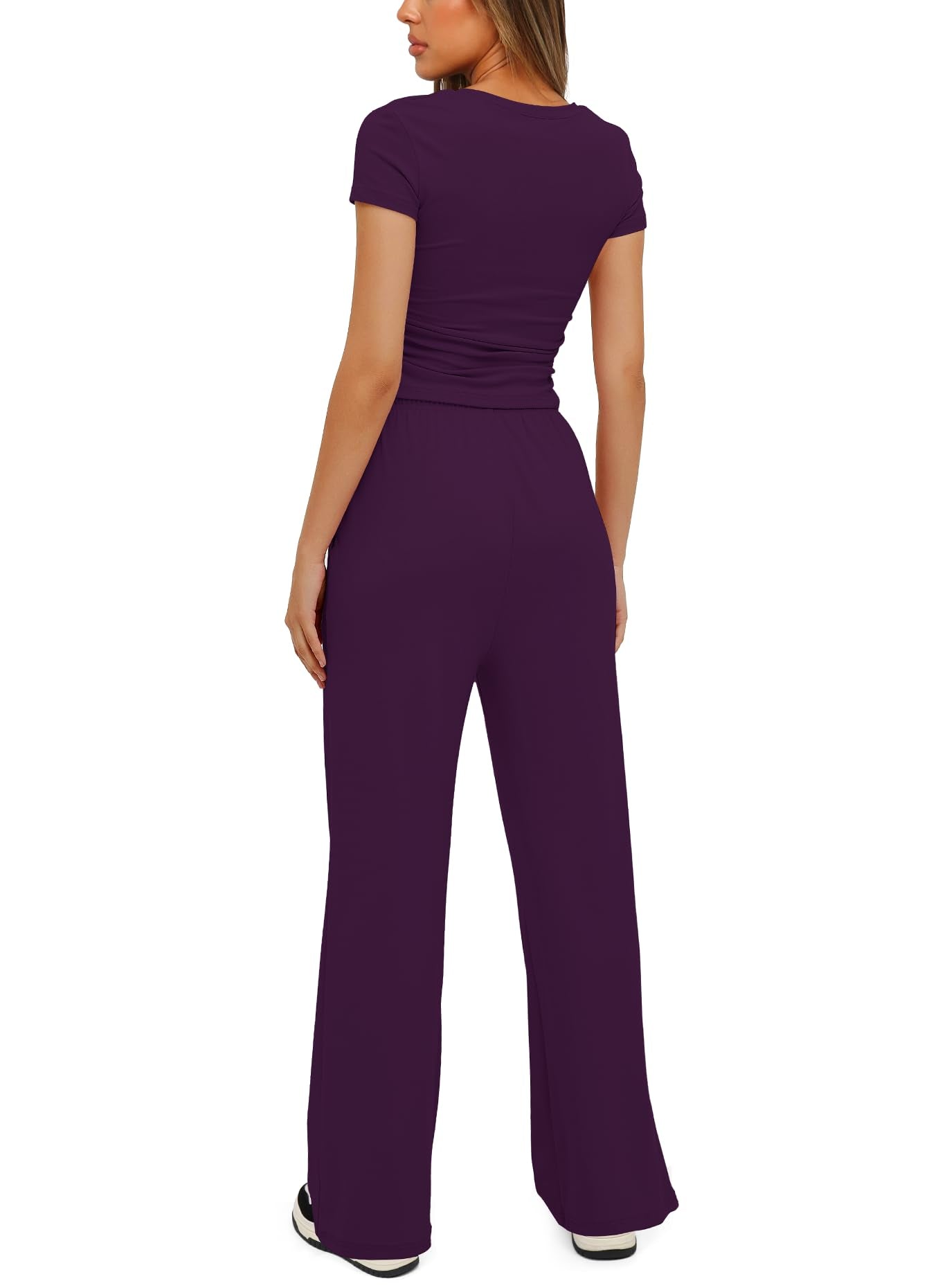 Darong Women's 2 Piece Outfits Lounge Sets Ruched Short Sleeve Tops and High Waisted Wide Leg Pants Tracksuit Sets