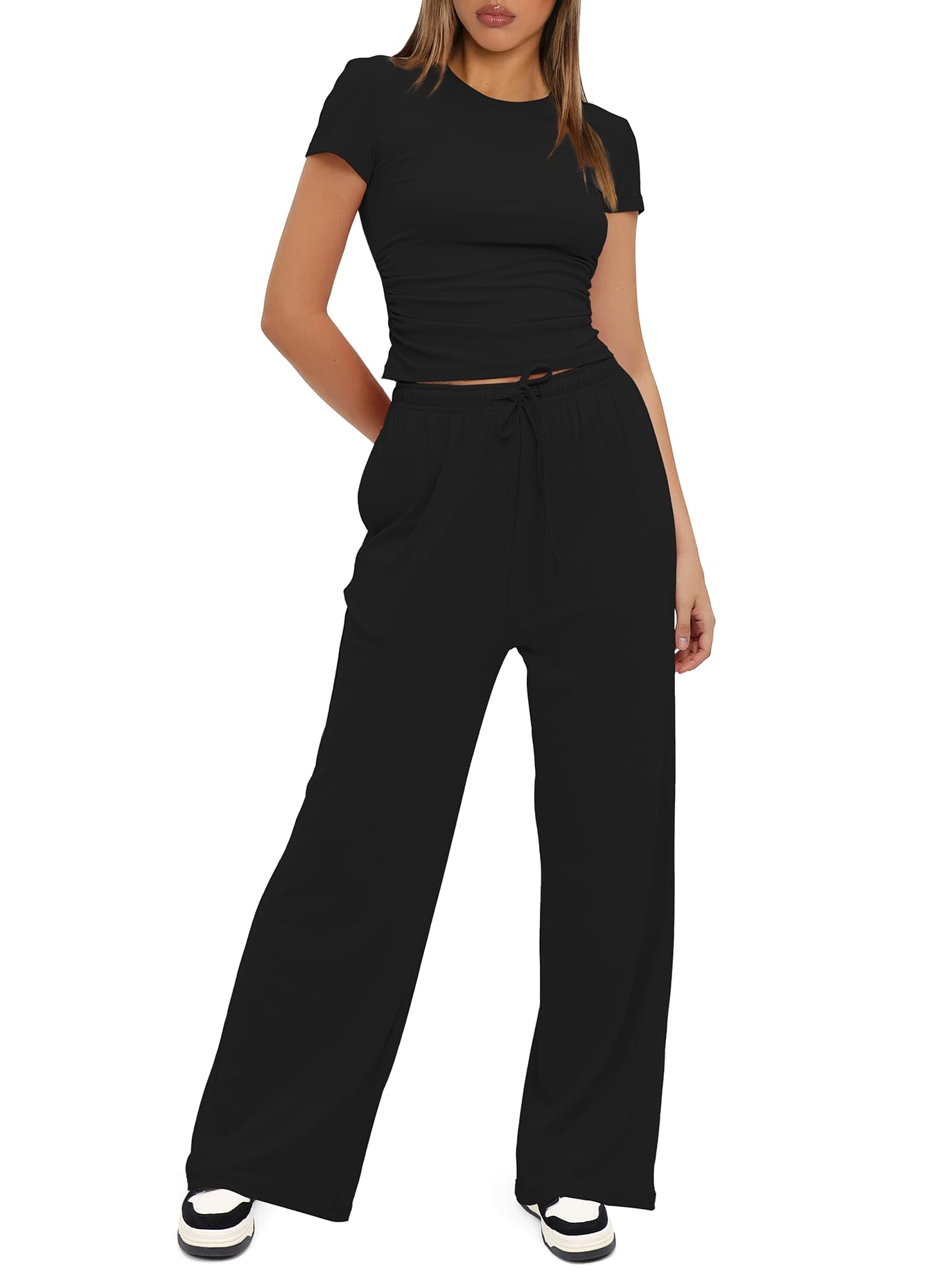 Darong Women's 2 Piece Outfits Lounge Sets Ruched Short Sleeve Tops and High Waisted Wide Leg Pants Tracksuit Sets
