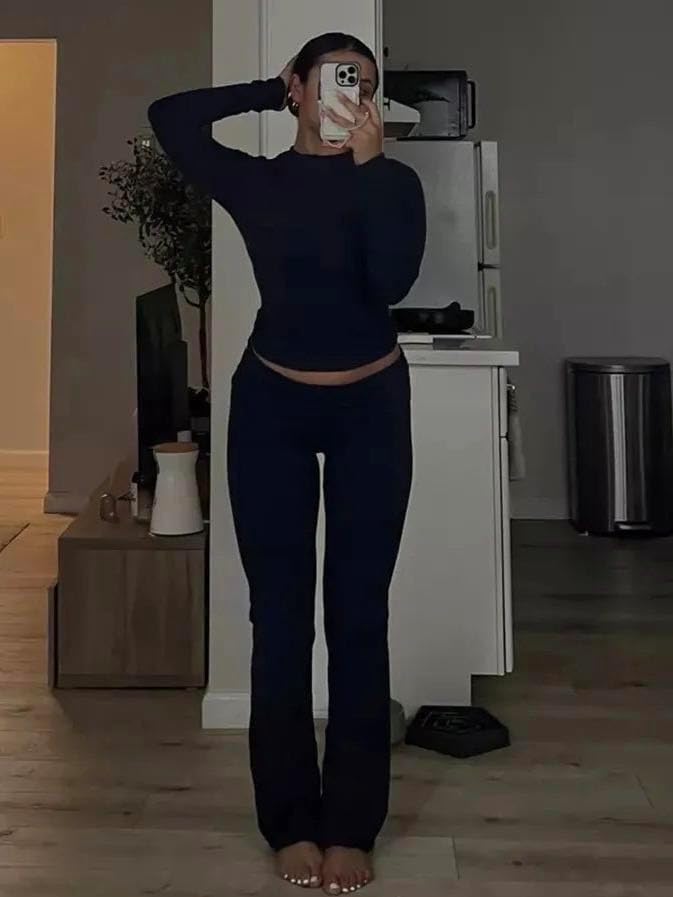 ZFLM Casual Workout Two Piece Outfits Long Sleeve High Waist Fold-over Flare Flared Leggings Pants Tracksuit Sets Streetwear