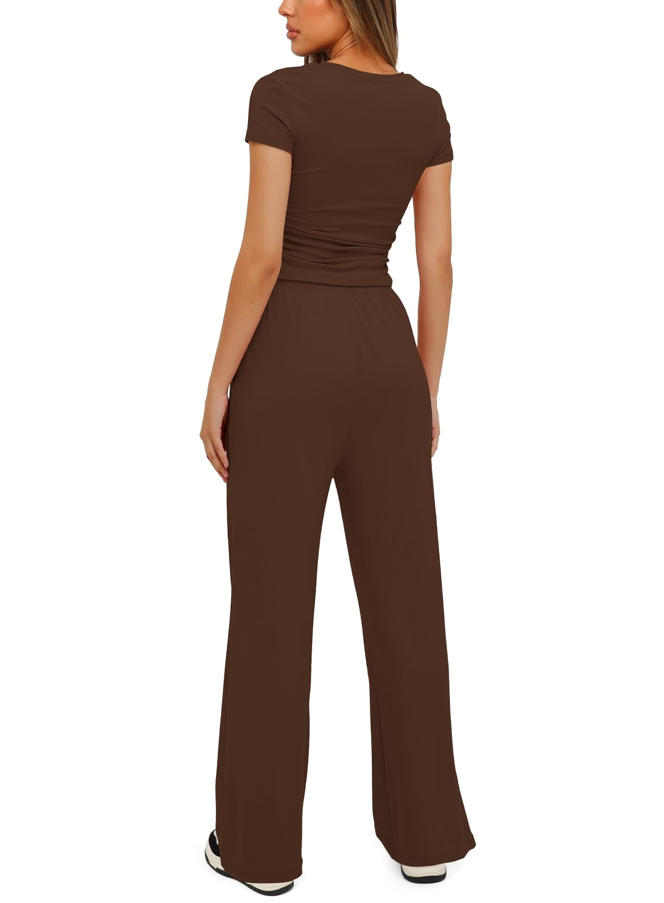 Darong Women's 2 Piece Outfits Lounge Sets Ruched Short Sleeve Tops and High Waisted Wide Leg Pants Tracksuit Sets